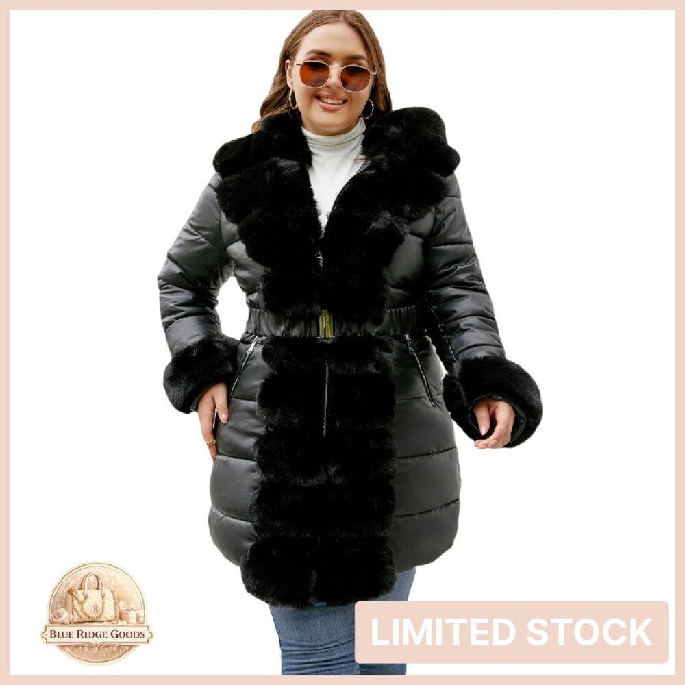 Oversized Puffer Coat Fur Trim Hooded Quilted Leather Winter Bubble Jacket